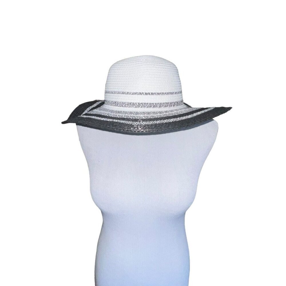 Time and Tru Women's Striped Floppy Straw Hat Packable Adjustable Band White New
